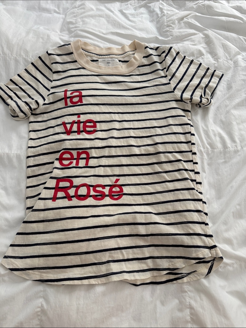 Sol Angeles Cream & Black Striped Tee with Red 'La vie en Rosé' Print